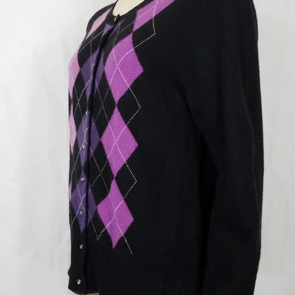 Apt. 9 black purple argyle Cashmere cardigan Large - Picture 5 of 8